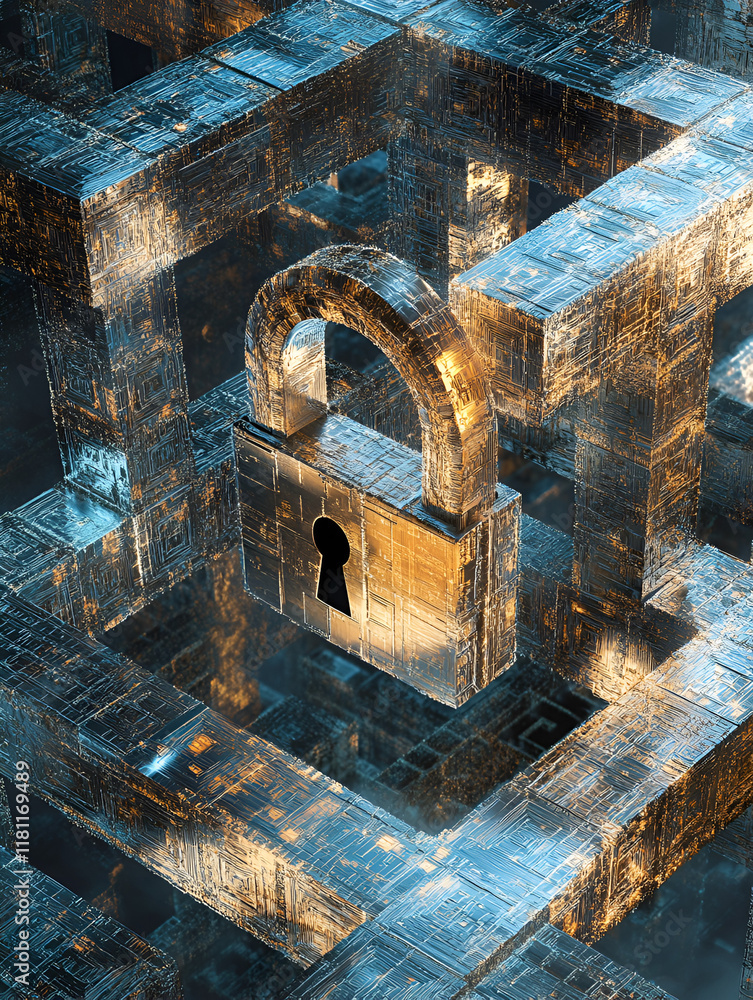 Poster cybersecurity fortress: a weathered padlock floats within a complex, metallic, cube-like structure, 