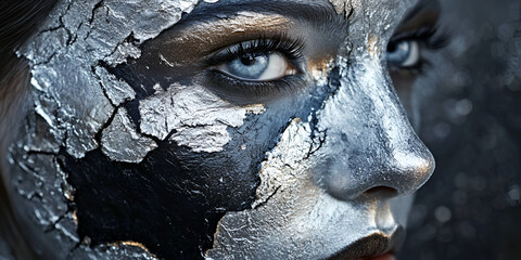 Beneath the Surface:  A woman's face is painted with cracked silver and black, revealing layers beneath the surface,  with piercing blue eyes that speak of untold stories.
