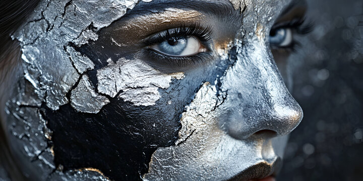 Beneath the Surface:  A woman's face is painted with cracked silver and black, revealing layers beneath the surface,  with piercing blue eyes that speak of untold stories.