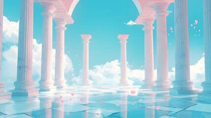 Dreamy digitally created scene of a temple with pastel-colored columns and clouds floating across a marble floor.