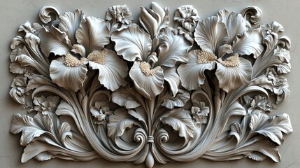 Intricate Iris Flower Carving: An Elegant Relief Sculpture for Home Decor