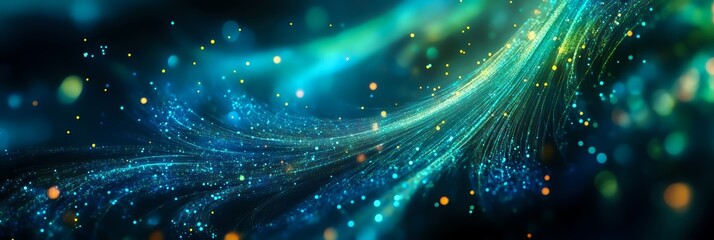 Fototapeta premium A mesmerizing abstract background featuring glowing trails of light and vibrant particles, creating a sense of depth and motion in a deep, dark atmosphere