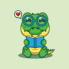 Crocodile reading a book cartoon vector illustration.