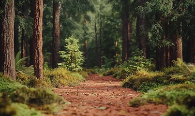 Dirt path through lush green forest with tall trees, ideal for nature backgrounds.