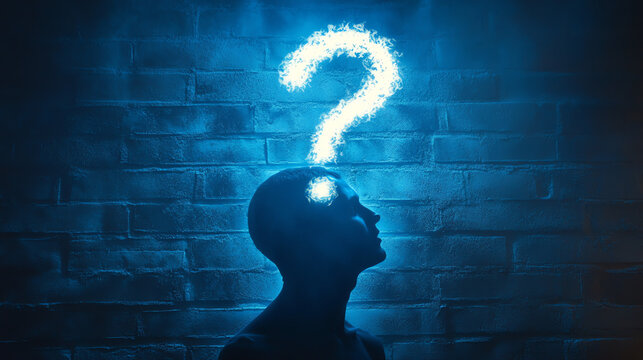 Glowing blue profile with question mark. Perfect for introspective thinking and self-analysis concepts