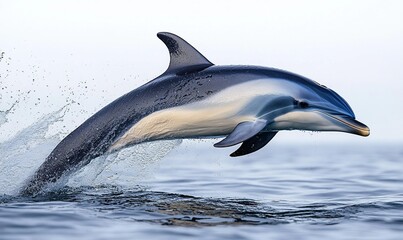 Fototapeta premium Dolphin leaping from ocean waves at sunrise, wildlife image for nature projects.