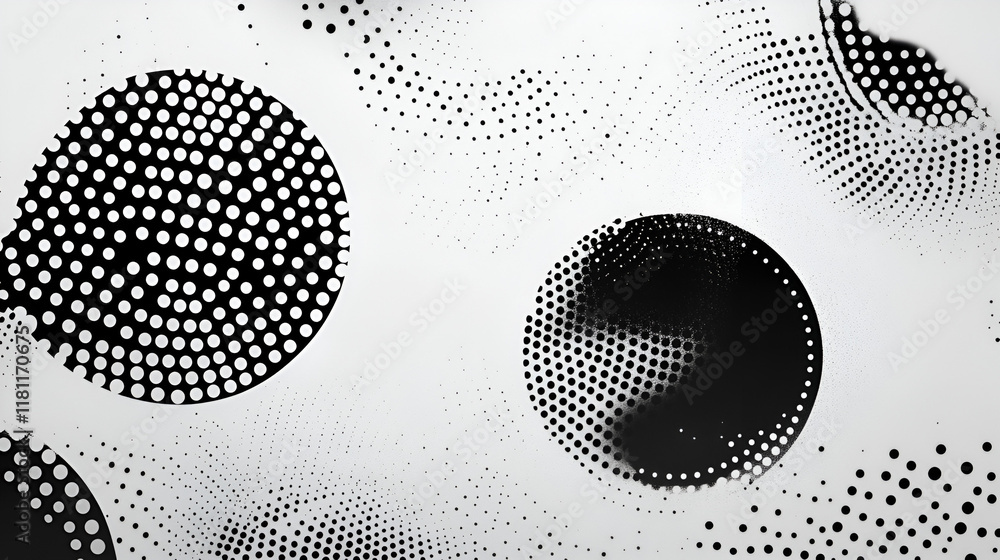 Poster digital halftone circles: an abstract and visually arresting pattern of overlapping black and white 