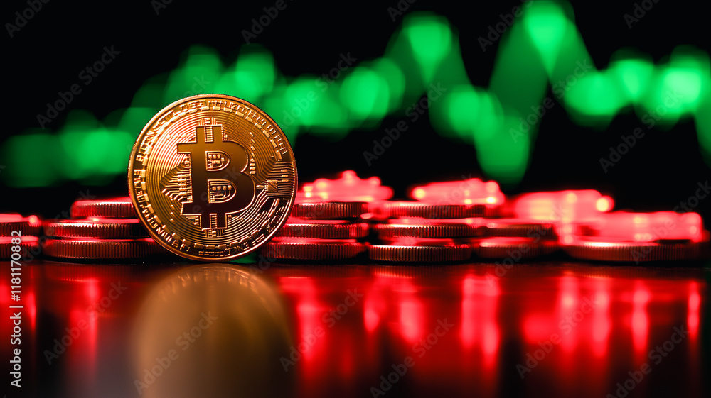 Poster bitcoin's rise: a golden bitcoin rests atop a stack of coins, with a dynamic green and red graph in 
