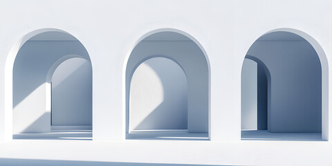 Minimalist Arches: A clean, architectural design featuring three white arches against a backdrop of a pristine white wall, bathed in soft, natural light.