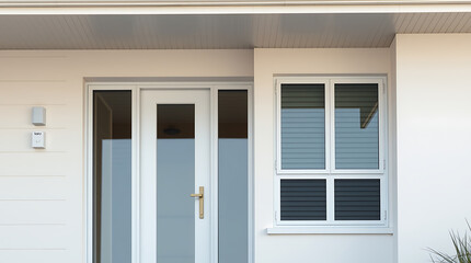 Exterior view of a house entrance featuring a white door with frosted glass panels, flanked by sidelights, and a nearby multi-paned window. The house's exterior is light beige.