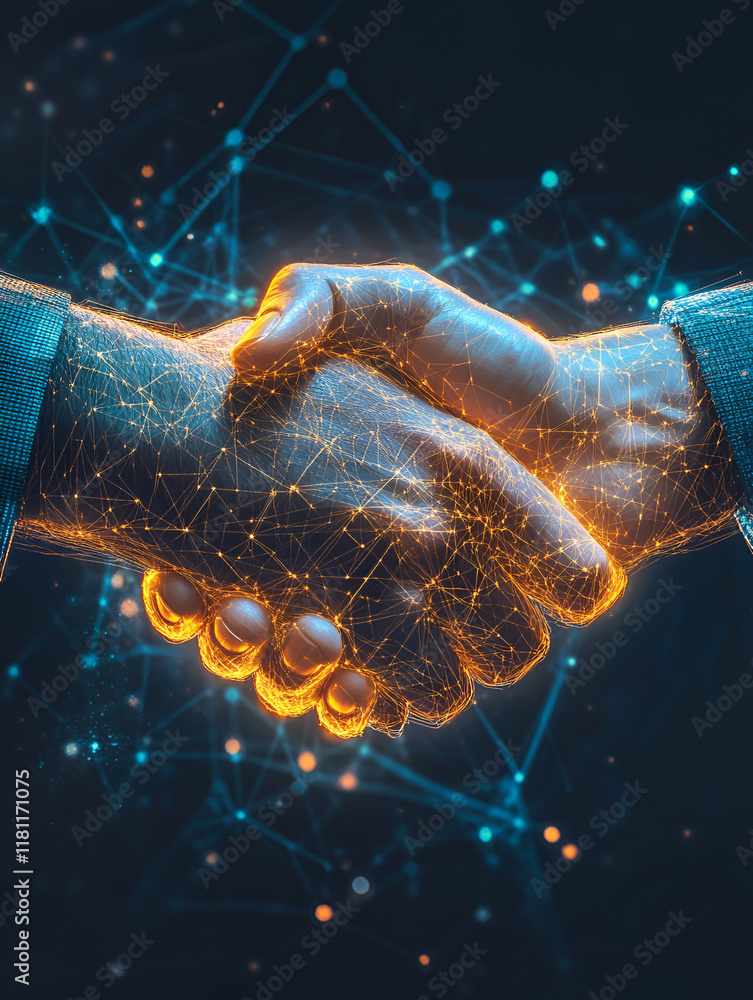Poster digital handshake: two hands connect in a futuristic handshake, their outlines composed of glowing d