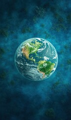 Earth from space, North & South America visible, nebula background, ideal for environmental projects.