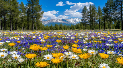 Obraz premium Colorful wildflowers bloom in a mountain meadow, sunny day, Alps landscape, idyllic nature scene, perfect for travel brochures.