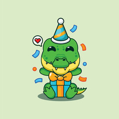 Crocodile in birthday party with gift box cartoon vector illustration