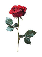 Single red rose on stem with leaves background nature elegant aesthetic isolated on transparent background png