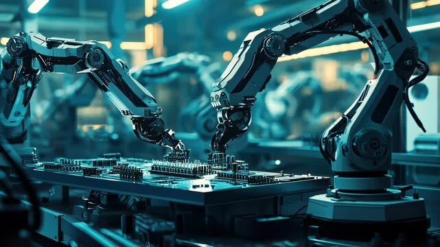 Advanced robotic arms assembling electronic components in a modern manufacturing facility