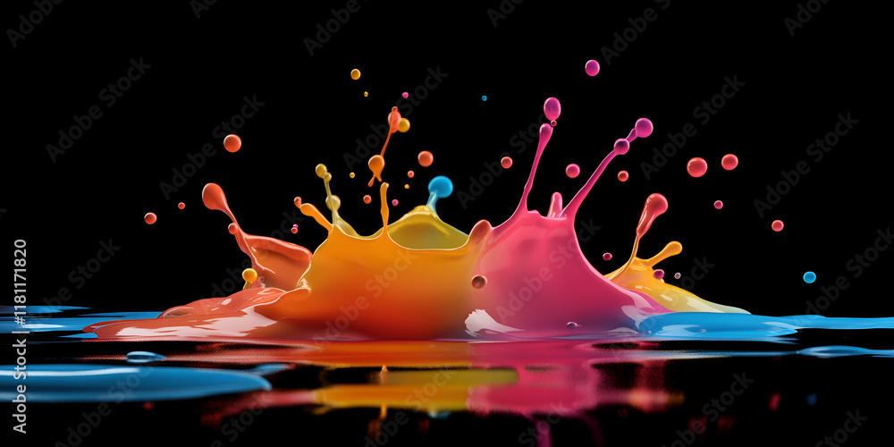 Poster chromatic explosion: an abstract, vibrant burst of color explodes against a black background, creati