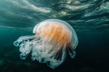 Obraz premium A majestic jellyfish gracefully floats beneath the surface of the water, its translucent body illuminated by beams of light, surrounded by gentle ocean currents