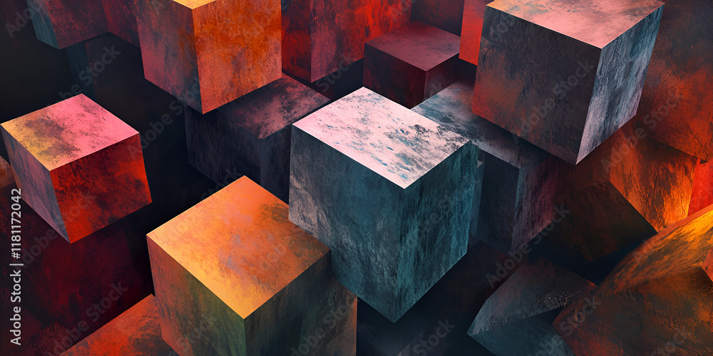 Poster abstract cube composition: a captivating digital artwork featuring an array of textured cubes in ric