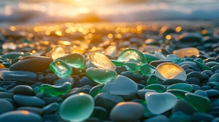 A close-up view of colorful sea glass scattered among smooth pebbles, glimmering in the warm sunlight against a blurred beach background