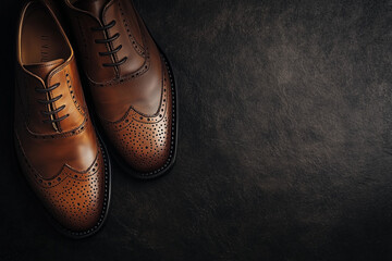 A pair of leather brown men shoes close up on store counter background. Top view...