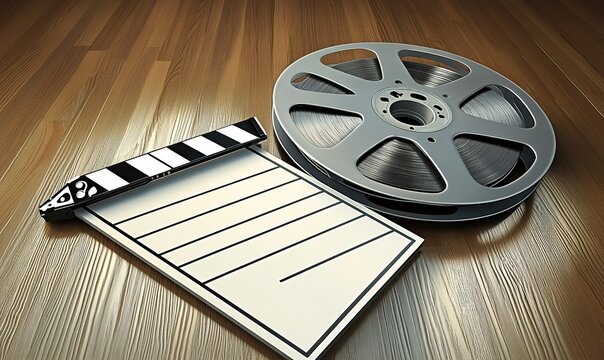 Film reel and clapperboard on wooden floor, ready for movie production.