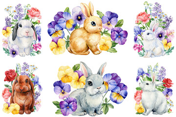 Rabbit in flowers. Watercolor baby bunny, spring flowers. Cute rabbit on isolated background hand drawn illustration