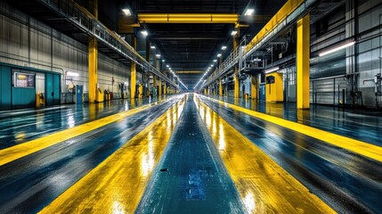 Fototapeta premium Vast Industrial Warehouse Interior Featuring Bright Yellow Markings on Wet Floor and Symmetrical Lines Creating a Dynamic Perspective for Modern Manufacturing Spaces