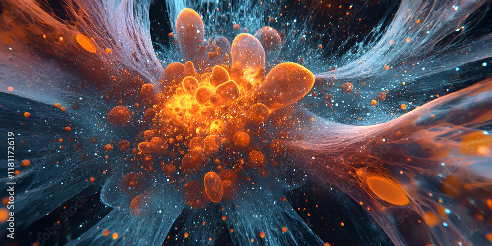 Poster cosmic dance: a mesmerizing fractal pattern explodes with vibrant colors and swirling shapes, evokin