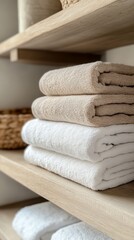 Soft, neatly stacked towels in neutral colors on wooden shelves, enhancing a cozy and stylish bathroom decor