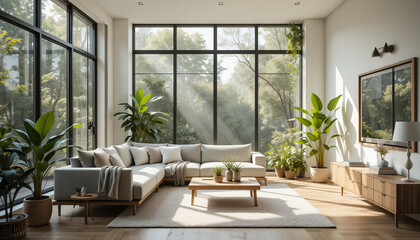 a living room with large windows and a couch
