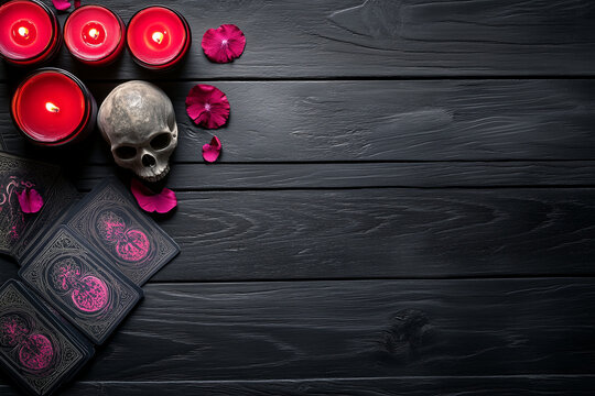 Tarot cards, burning candles, and human skull on an antique table background, fortune telling, future reading concept.