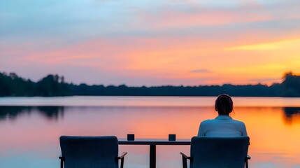 Fototapeta premium serene sunset lake: woman relaxing outdoors - pastel colors