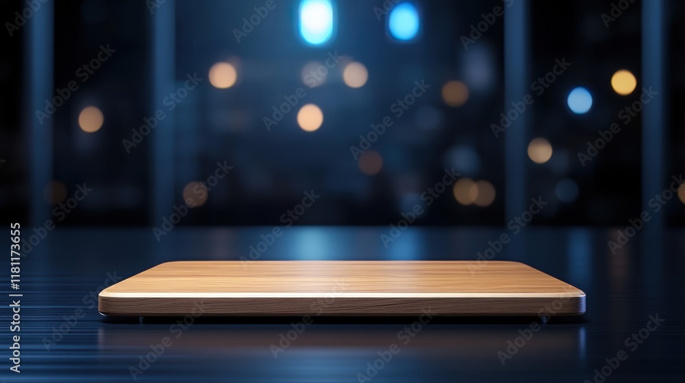 Poster wooden surface on dark tabletop with soft focus background of blurred lights for creative display or