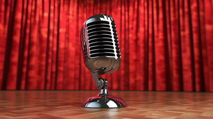 Microphone on red curtain background. Illustrates stage performance and theatrical questions