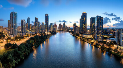 Fototapeta premium stunning city skyline at night with vibrant lights reflecting on water