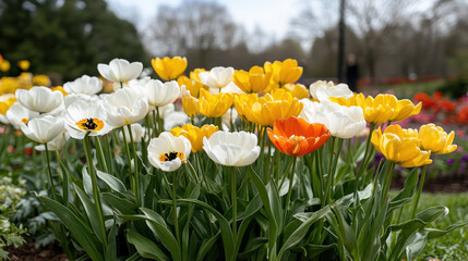 Obraz premium Vibrant tulip garden with yellow, white, and orange flowers in bloom