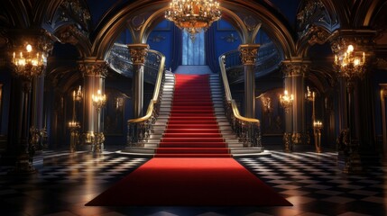 Fototapeta premium Opulent Grand Staircase in Luxurious Palace with Red Carpet, Checkered Floor, Deep Blue Walls, and Gold Accents