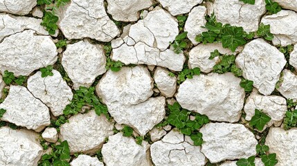 Obraz premium White Cracked Stone Wall Texture with Lush Green Ivy Plants