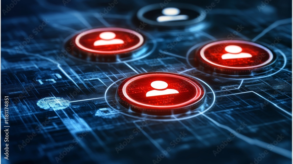 Poster intricate electronic circuitry, closeup of a red push button activating the system