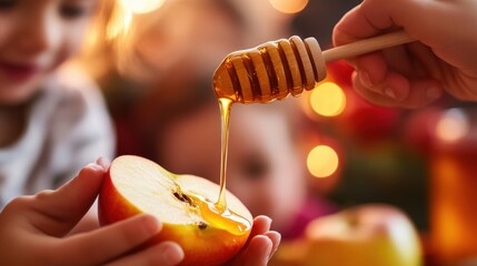A close-up of hands holding an apple slice and dipping it into honey, with a blurred background of family and friends celebrating Rosh Hashanah