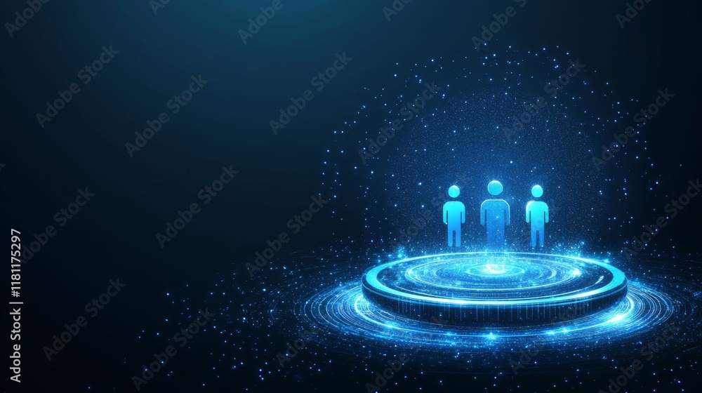 Poster three people standing on a circular platform with glowing lights, creating mesmerizing spectacle