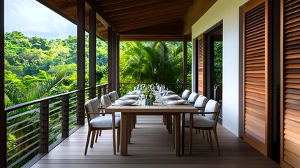 Fototapeta premium tropical deck dining: luxury outdoor table setting - biophilic design