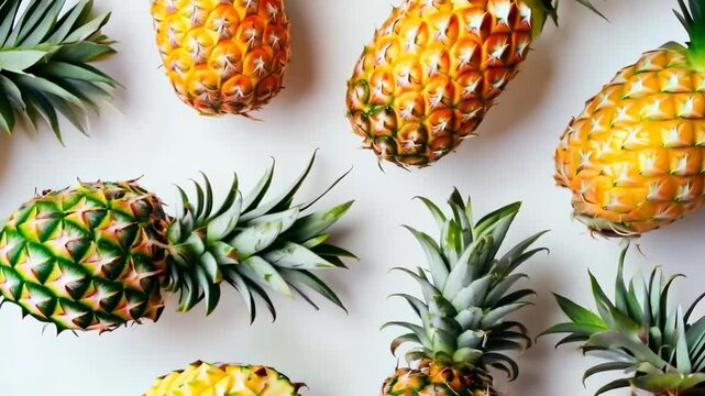 Fresh pineapples with green leaves arranged on a white background, creating a vibrant and tropical pattern