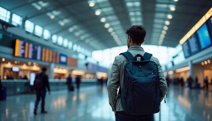 Young backpacker standing in airport concourse illuminated by lights and digital screens in modern terminal