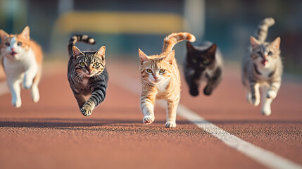 A group of cats competing in a relay race on a running track, passing a small baton between them as they sprint toward the finish line with determination 