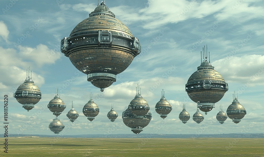 Poster futuristic spaceships hover above a desolate landscape under a cloudy sky, ideal for sci-fi projects