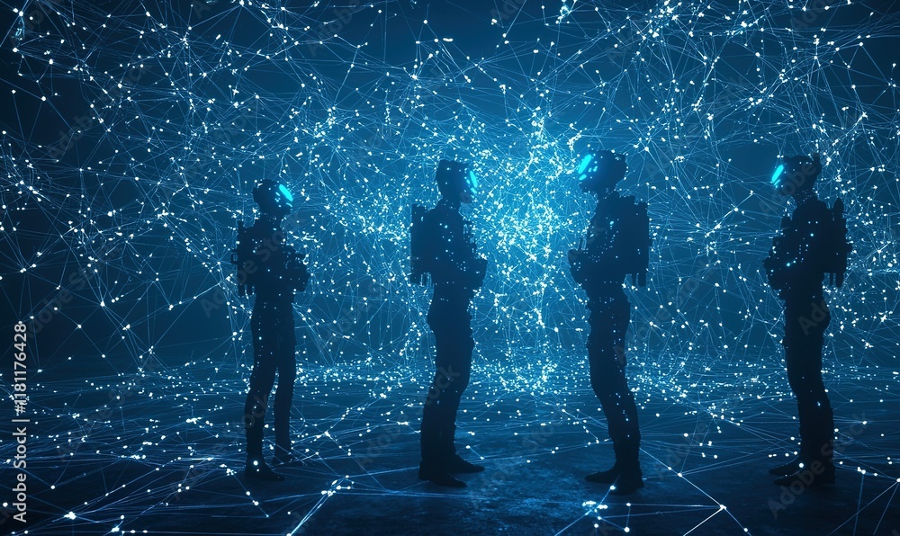 Poster futuristic team in digital network space, discussing strategy, for technology or sci-fi projects.
