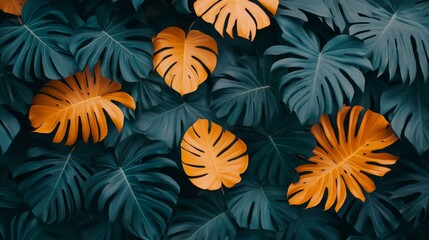 Vibrant tropical leaves, a striking contrast against dark background 