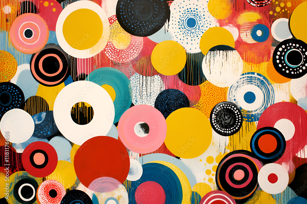 Poster abstract joyful circles: a vibrant explosion of colorful circles in various sizes and patterns creat